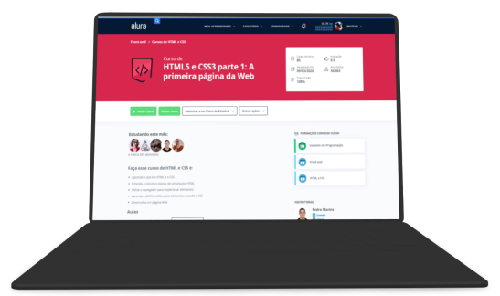 Notebook com a página do curso HTML5 e CSS3 da Alura aberto